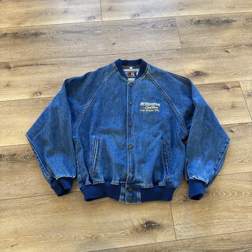 Vintage Denim Bomber Jacket Mens M Super Chevy Parts Plus BFGoodrich Car Show - Picture 2 of 9